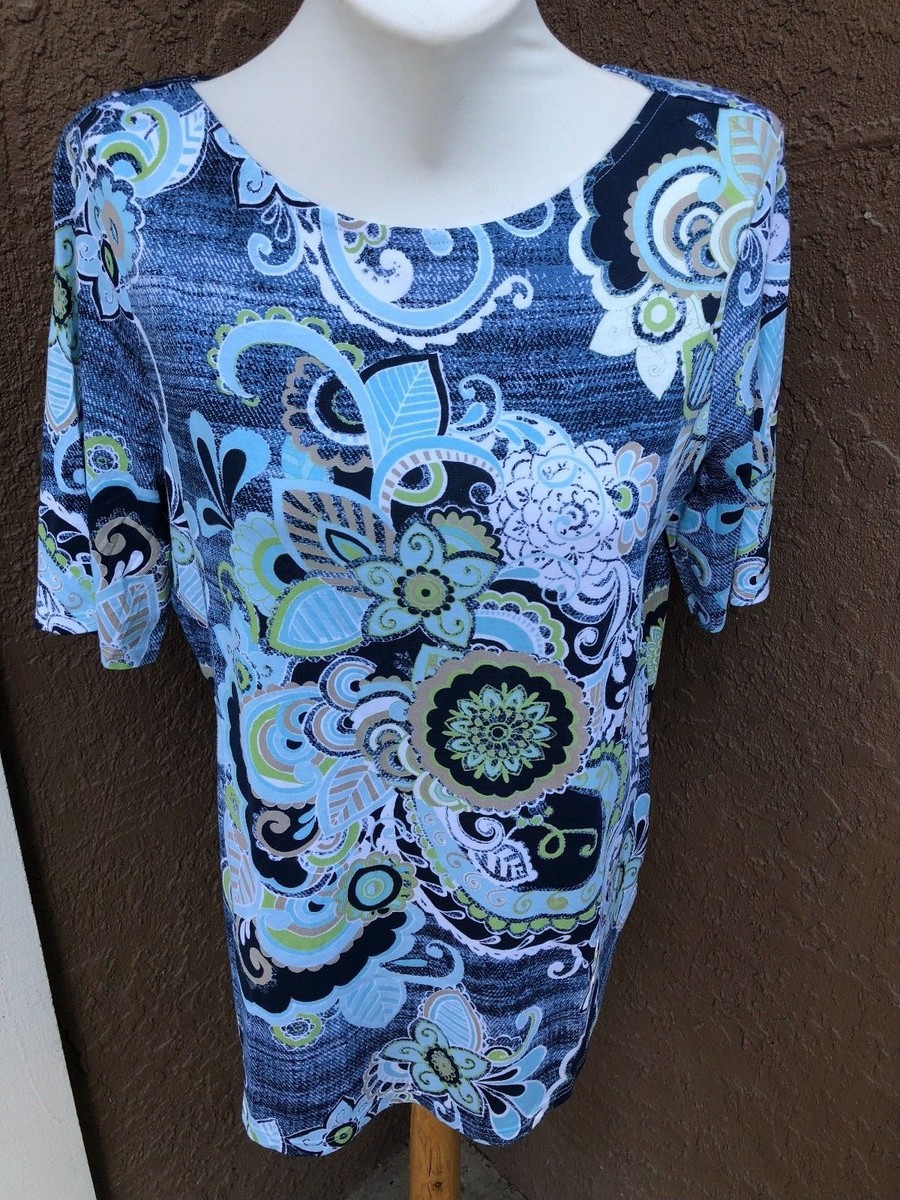 New Chico's 70S Denim Boat Neck Elbow Sleeve Top Blue Angel 2 L