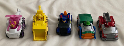 Lot of 5 Paw Patrol Mighty Pups Die Cast Race Cars Chase Marshall Rocky Rubble