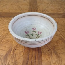 VTG Winnie SIGNED 5.5" Stoneware Bowl Speckled pink Painted Floral 1970s 1980s