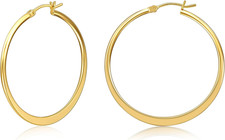 Flattened 14K Gold Plated Hoop Earrings for Women, 14K Real Gold Plated Hoops wi