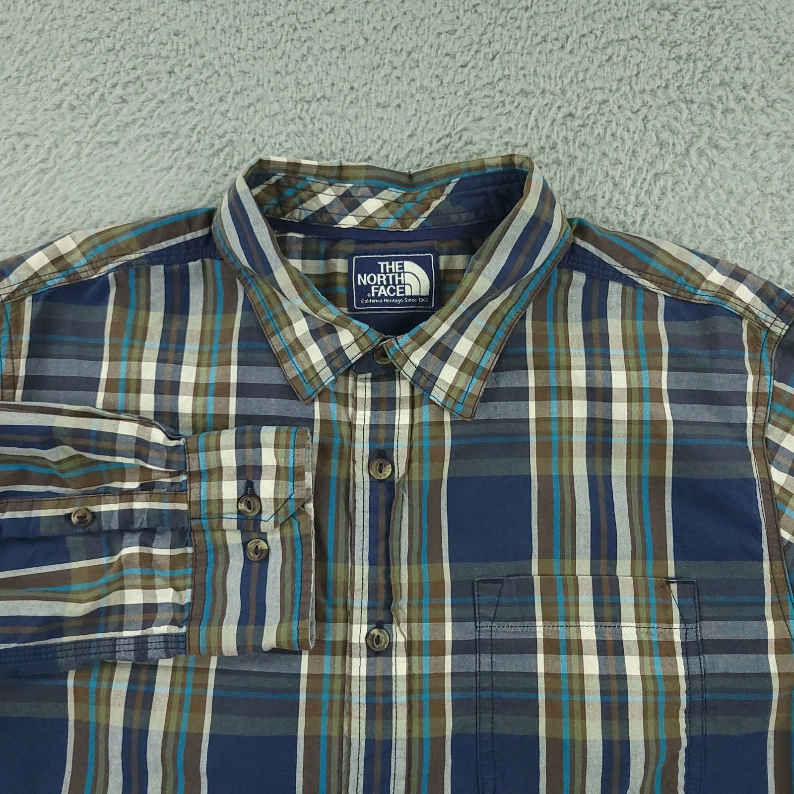 North Face Shirt Mens Medium Blue Green Brown Plaid Button Down Cotton Outdoors