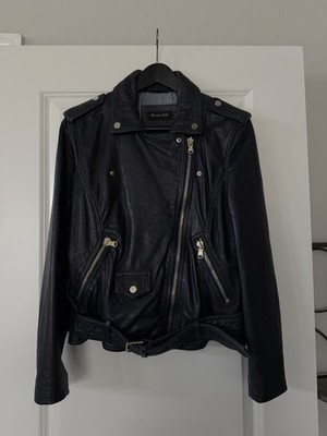 Massimo Dutti Midnight Color Sheep Leather Biker Jacket Zipper Belt Women's M 