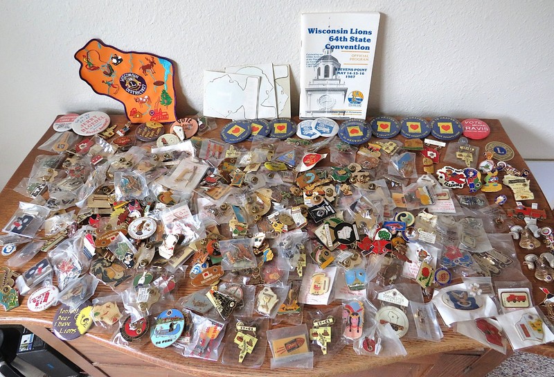 303 WI Lions Club Pins, 18 Pinbacks, Window Decals, Back Patch & More