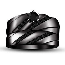 2CT Round Cut Lab Created Diamond Bridal Wedding Ring Set 14K Black Gold Over