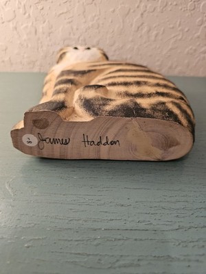 Vintage FolkArt James Haddon HandCarved HandPainted Wood Cat