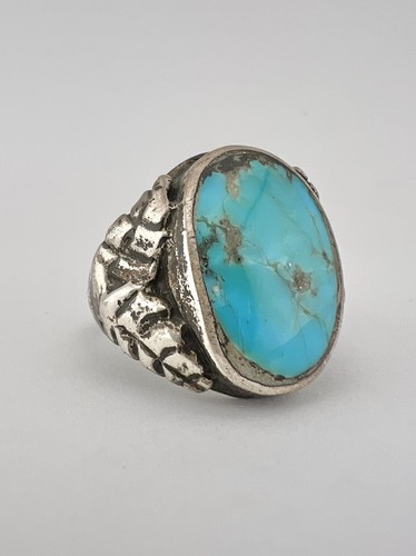 Vtg Navajo Cast Sterling Silver Kingman Turquoise Stamped Feather Men's Ring 15g - Afbeelding 2 van 8