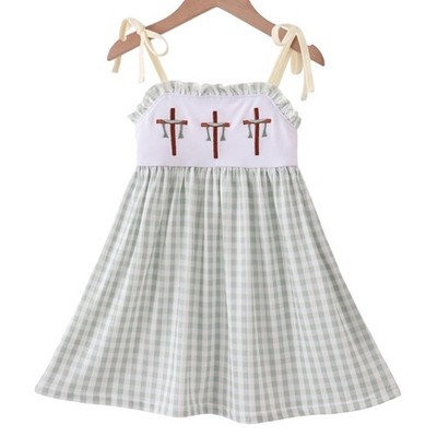 Girls Sage Green Gingham Easter Cross Dress Tie Shoulder Religious Baptism sz 3