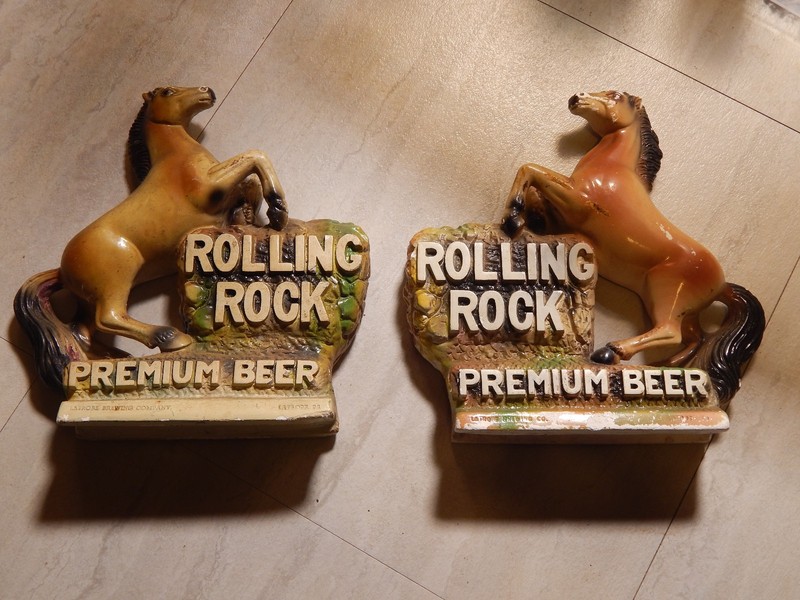 VINTAGE ROLLING ROCK BEER CHALKWARE.2 PIECE BACK BAR ADVERTISING SET. LATROBE,PA