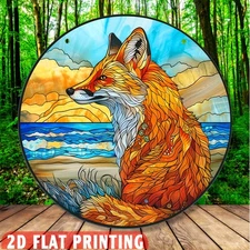 2D Flat,Bohemian Fox Metal Wall Art - Round Sign W/Orange Fox,Ocean Waves & Suns
