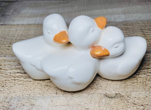 Vintage Ceramic White Duck Goose Figurine Family of 3 Mom & Babies Nursery Decor