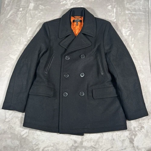 Rag & Bone Pea Coat Mens XL Black 100 % Wool Double Breasted Moon Cloth Made USA - product listing photo