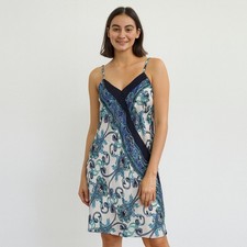 Natori Blue Paisley Satin Slip Dress Size Large Designer Nightgown Vintage Y2K