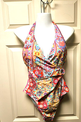 NWT Nanette Lepore Plunge Floral One Piece SwimSuit Tropical Halter Style Sz 12