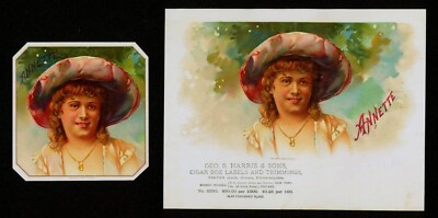 c1890  Annette - Pretty Lady - TWO Sample Cigar Box labels  --  EX EX EX Rare