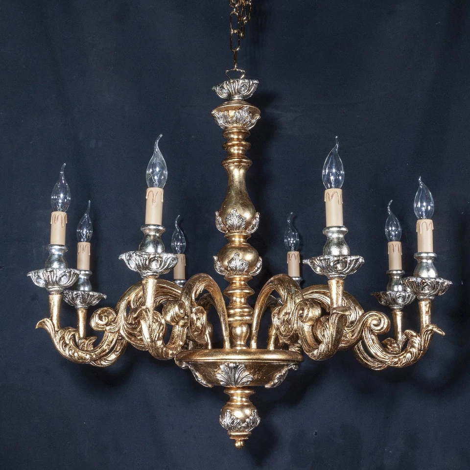 Lampadario legno artistico classico 8 luci FOGLIA ORO e ARGENTO MODELLO AGATA - Immagine 3 di 4