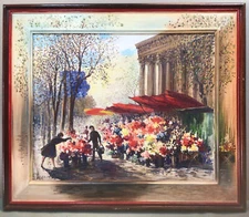 Signature Illegible Summer Flower Stall Framed Oil Painting
