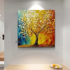 Modern Abstract Hand-Painted Oil Painting on Canvas Yellow Lucky Tree 24in