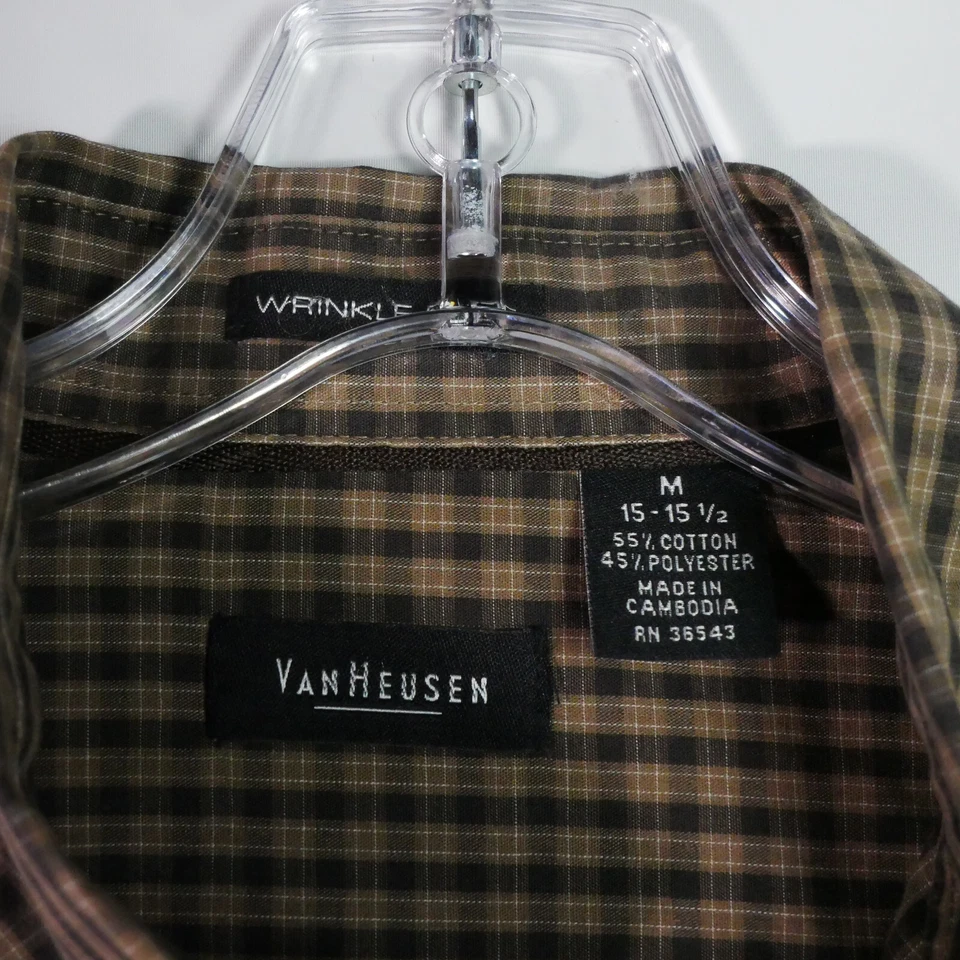 Van Heusen Mens Size M 15-15.5 Button Up Shirt  Long Sleeve Brown Plaid - Image 3 of 4