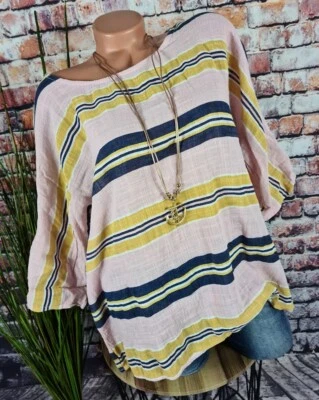 Italy SOMMER OVERSIZE LEINEN-OPTIK Shirt Bluse gestreift ROSA 40-44 - Bild 1 von 4