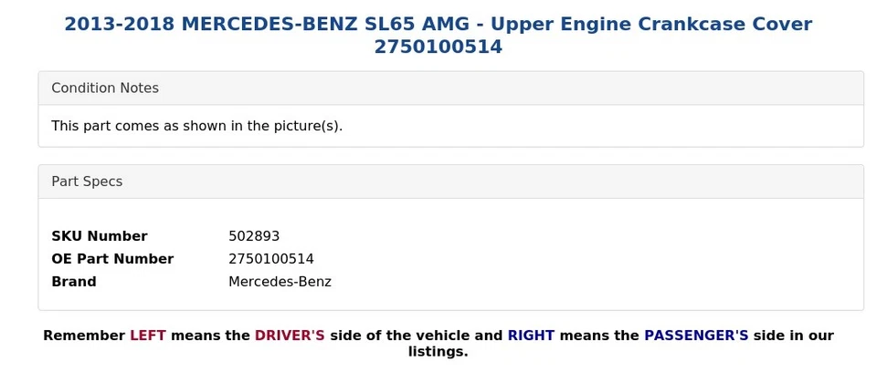 Mercedes-Benz SL65 AMG 2013-2018 - Cubierta superior del cárter del motor 2750100514 Foto 4 de 4