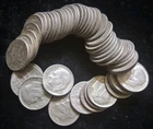 SILVER - ROOSEVELT DIMES - Full Roll of 50 Roosevelt 90% Silver Dimes