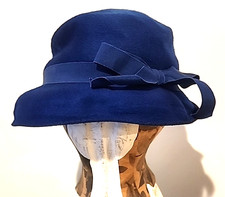 Vintage Henry Pollak Soleil Soie Blue 100 Wool Hat Cloche New York Ribbon