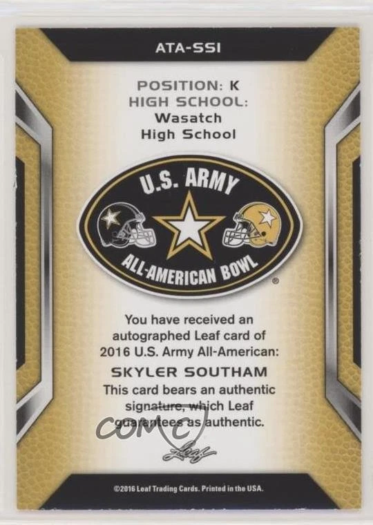 2016 Leaf US Army All-American Bowl Tour Yellow /10 Skyler Southam #ATA-SS1 Auto - Image 2 of 2