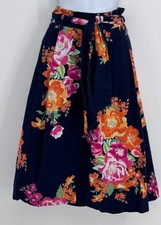Women 8 Navy Floral Tie Waist Midi A-Line Skirt Cottage Beach Whimsical