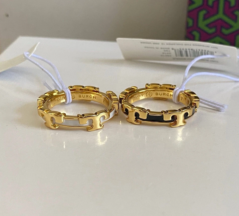 Anillo Tory Burch Doble T, Nuevo, con Bolsa para el Polvo Tory Burch, Auténtico, Talla 7, Blanco Foto 2 de 4