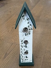 Decorative Tall Wooden Bird House - Hand Painted 3 Holes 16  Tall Green  White