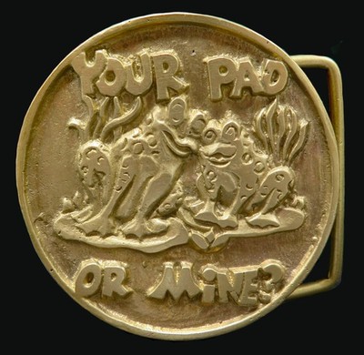 Your Pad Or Mine Flirty Frogs Brass Vintage Belt Buckle
