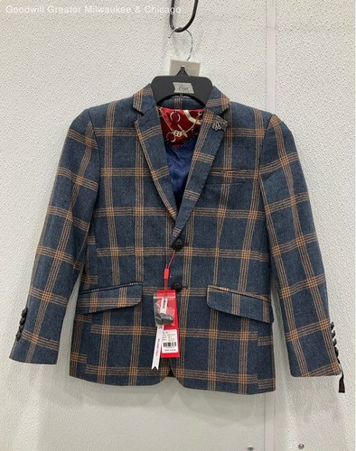 NWT Elie Balleh Boy's Navy/Orange Checkered Blazer Size 8/S