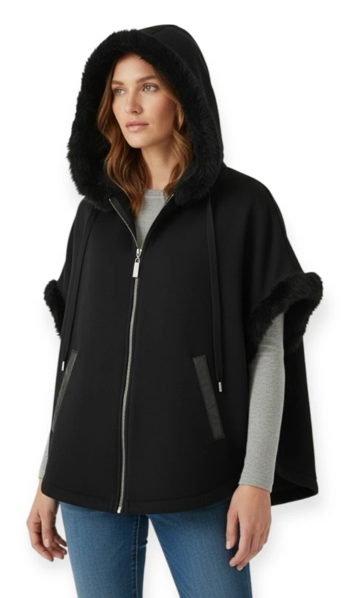 MAX&MOI Paris Merino Cashmere Hooded Cape 36 Black Mink Fur Trim Wool Poncho