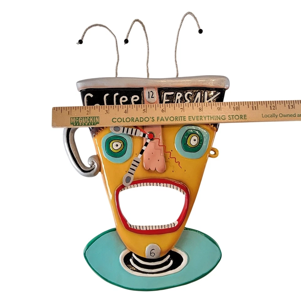 Rare Allen Designs Coffee Freak Wall Clock Studio Art Funky Mug Face 13x9" Works - Image 3 of 4
