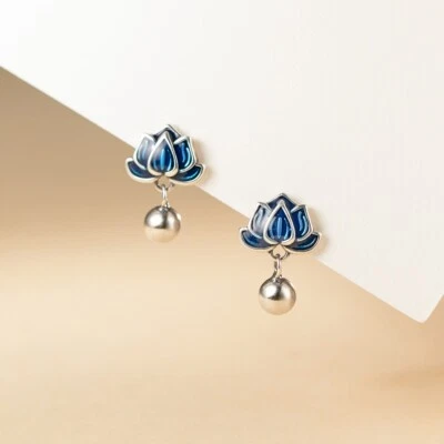 925 Silber Ohrstecker – Blaue Lotusblume mit Kugelanhänger, Vintage Stil, Damen - Bild 1 von 4