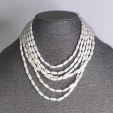 VINTAGE MULTI 6 STRAND WHITE PLASTIC BEAD NECKLACE, 18"