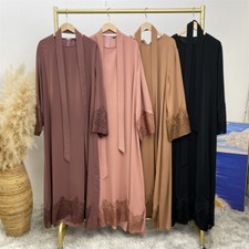 Elegant Women Muslim Belted Abaya Kaftan Lace Floral Long Dress Dubai Party Gown