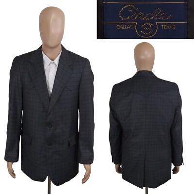 Circle S Two Button Gray Blue Plaid Western Cowboy Sport Coat Blazer 40L