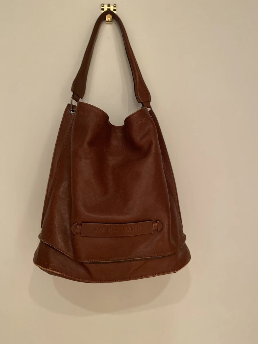 LONGCHAMP Brown Leather Vintage Drawstring Bucket Shoulder Bag 