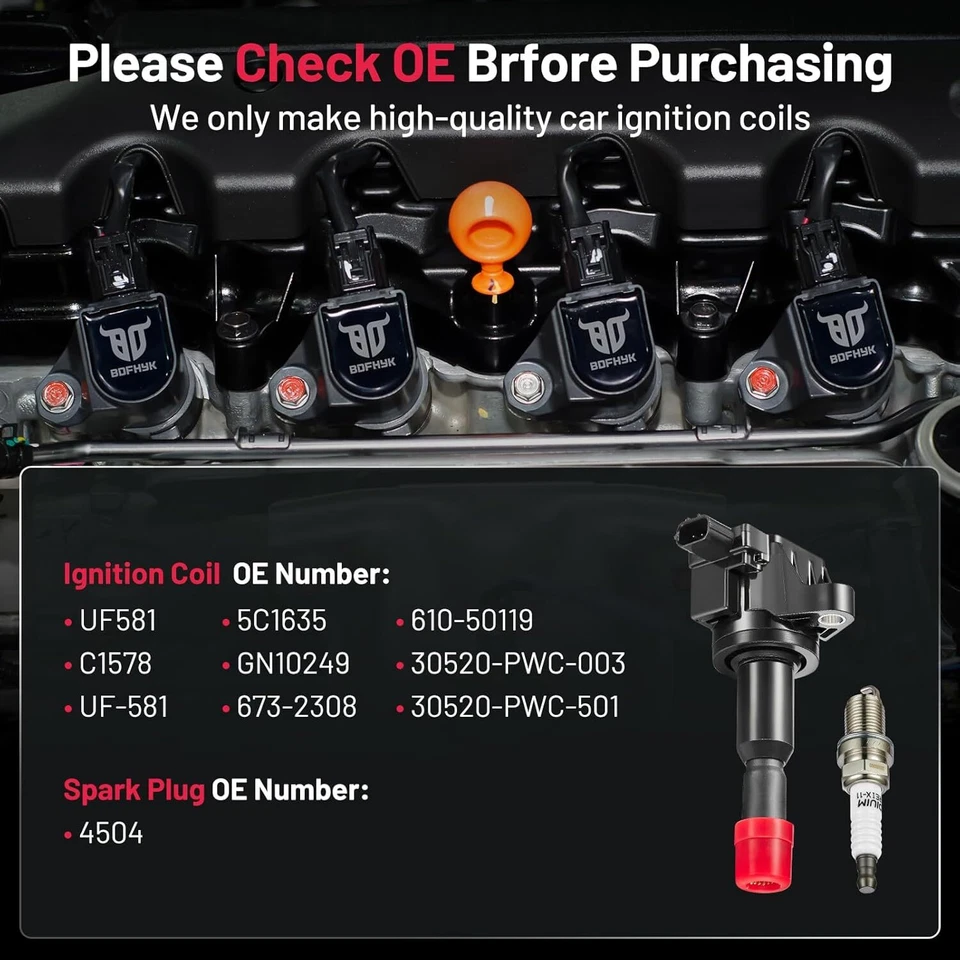 4 Pack For 2007-2008 Honda Fit 1.5L L4 Ignition Bobinas and Spark Plugs UF581 Foto 4 de 4