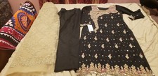Pakistani /Indian Women's Black Hand Embroidered Net Suit with Gold Dupatta