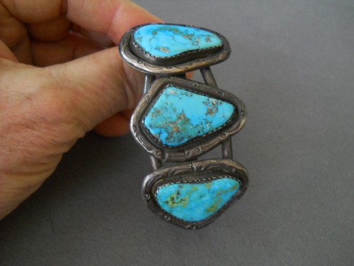 Bracciale argento sterling 3 pietre turchese Navajo nativi americani calibro pesante - Foto 8 di 8