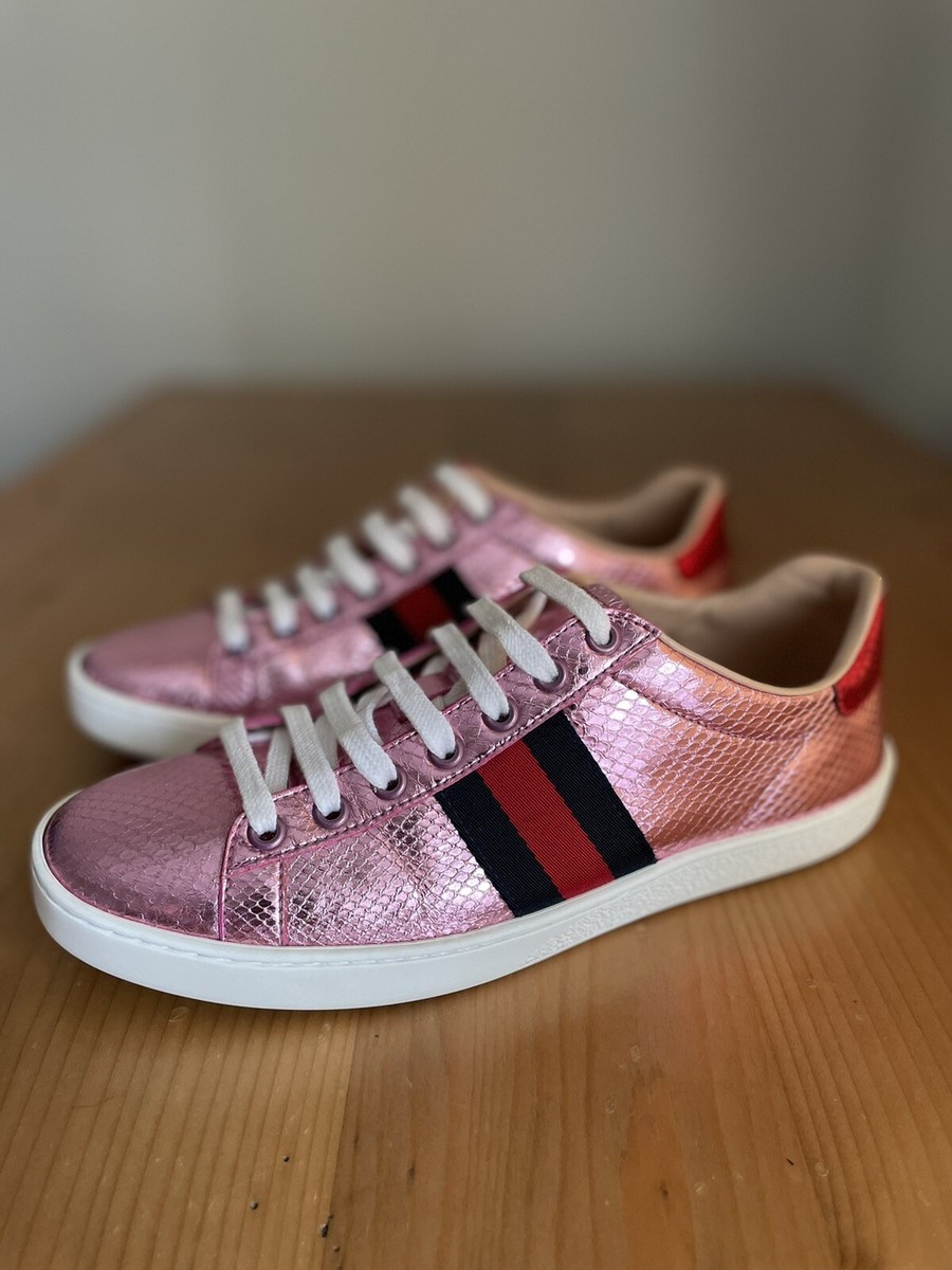Gorgeous Authentic Gucci Ace Pink Snakeskin Leather Web Sneakers