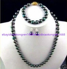 8/10/12mm Black South Sea Shell Pearl Round Beads Necklace Bracelet Earring Set