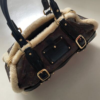 Louis Vuitton Shearling Leather Satchel Bag Vintage Monogram Handbag RARE Brown