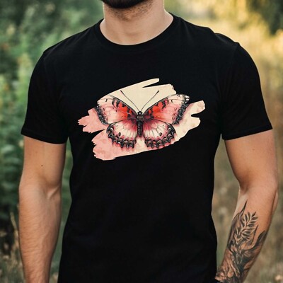 Mens Pink Butterfly Motif Cotton T-Shirt Size XS to 5XL