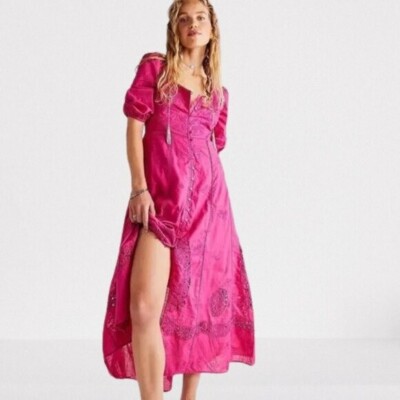 free people synthetic lisa midi dress Free People NEW Boho Lisa Lace Eyelet Midi Dress Size L Fuchsia $298