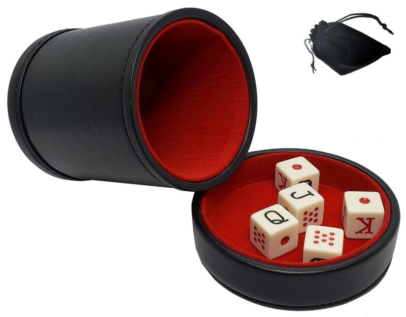 Spanish Poker Dice Ivory Tone + Black PU Leather Red Felt Lined Cup w/Lid Tray