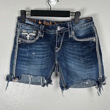 Rock Revival Kai Embellished Bling Denim Shorts Size 27 Distressed Flap Pockets