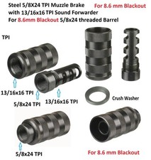 Steel 5/8x24 TPI Muzzle Brake With 13/16x16 Sound Forwarder For 8.6 mm Blackout